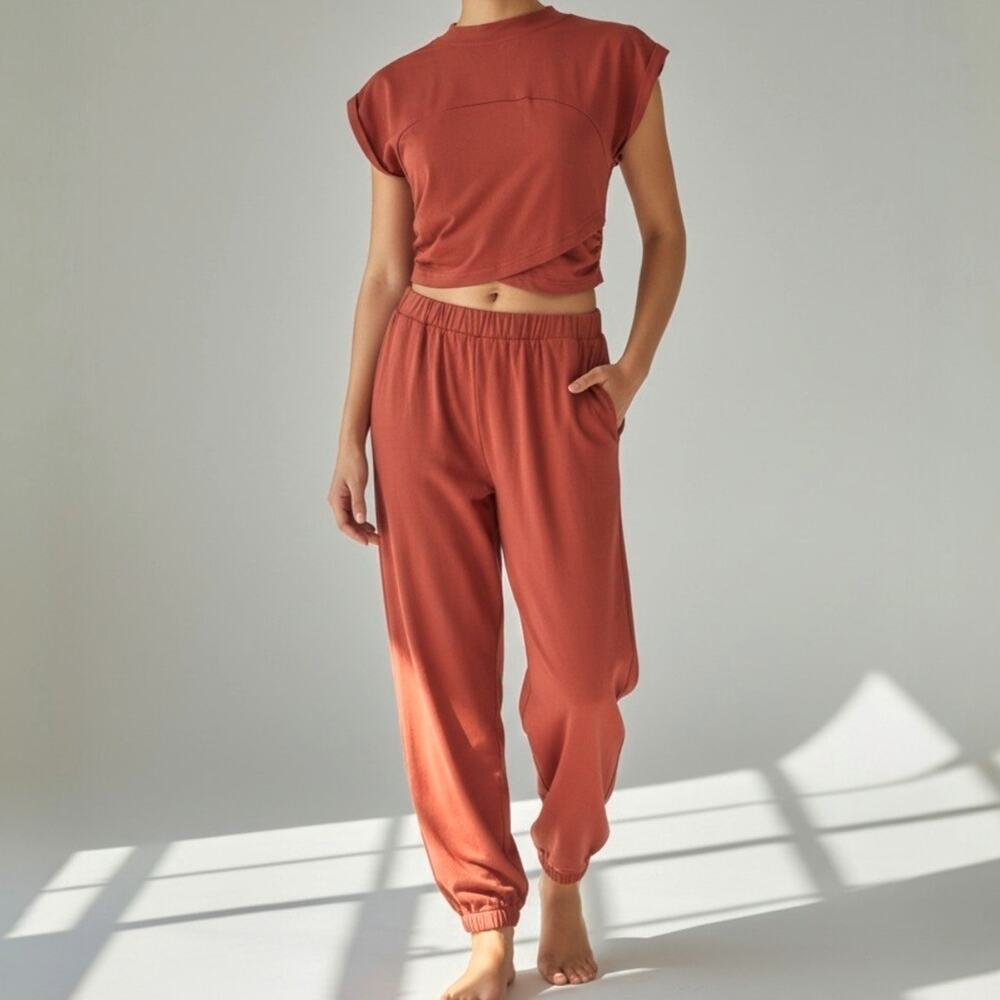 Cupshe Rust Orange Jersey Wide Leg Pants & Cropped Wrap Top Women's Size S NWT - Picture 1 of 16